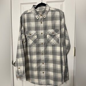 Duluth Trading Shirt Gray Plaid 100% Cotton Button Up Men’s Sz L Trim Fit